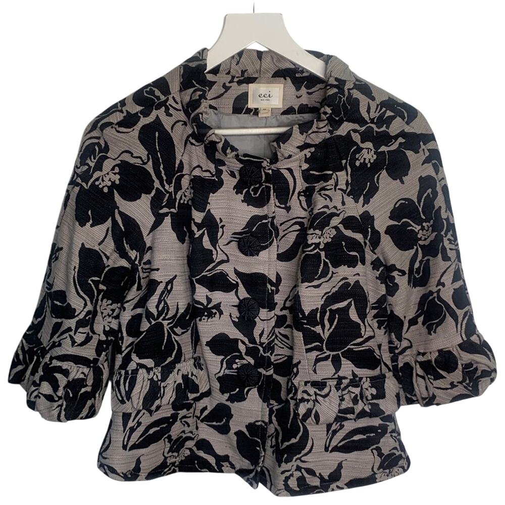 ECI New York 3/4 Sleeve Floral Statement Blazer Ruffle Coat W-761 Sz 10